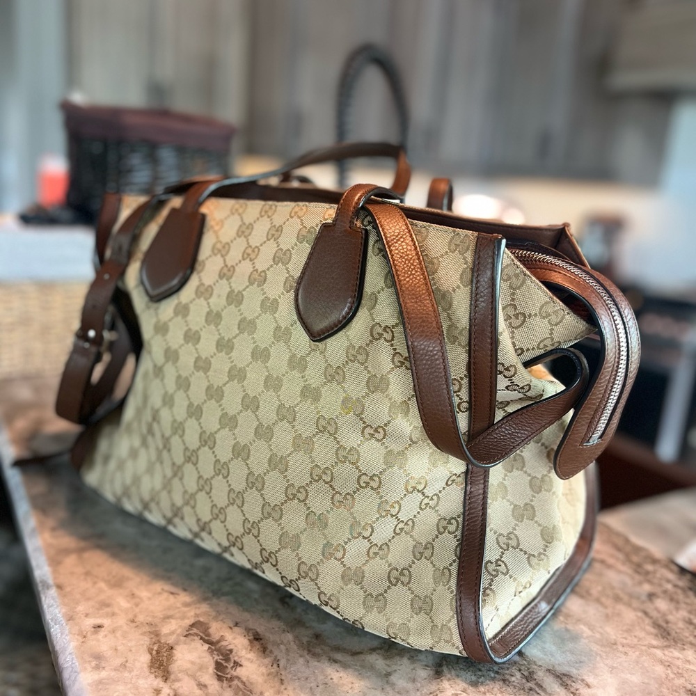 Authentic GUCCI Ramble original gg canvas and Brown leather layered tote - Picture 7 of 16